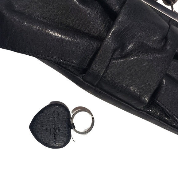 Jessica Simpson Black Faux Leather Bow Clutch Wristlet Detachable Wallet Keyring - Picture 7 of 11